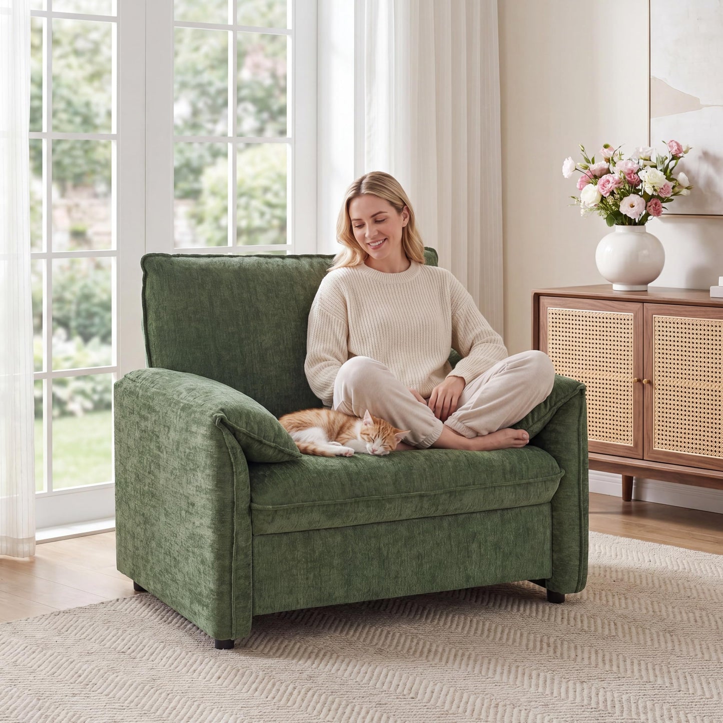 Sivoey Oversized Accent Chair, 41 inch Modern Armchair for Living Room, Wide Reading Chair w/Deep Seat Springs Cushion, Padded Arms, Chenille Single Sofa Chair for Bedroom, Apartment, Green