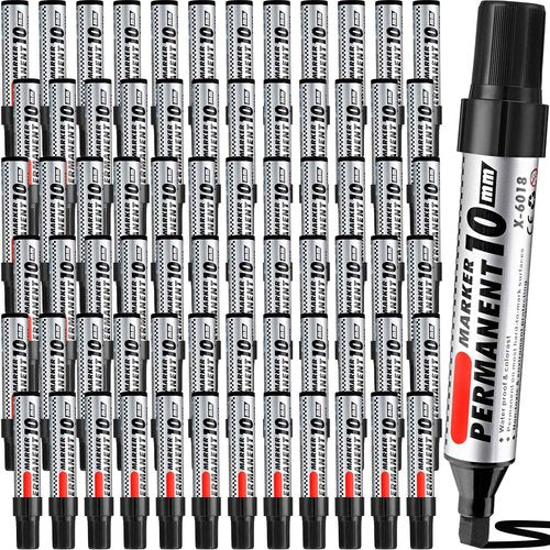 Thenshop 60 Pcs Jumbo Permanent Markers Bulk 10mm Chisel Tip Black Thick Permanent Markers Set Waterproof Jumbo Marker for Industrial Use Work on Wood Metal Glass Window Car Glass Paint Pen