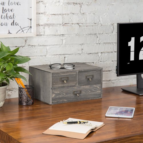 MyGift Rustic Gray Solid Wood Office Supplies Desk Organizer with 3 Pull Out Drawers and Metal Label Holder