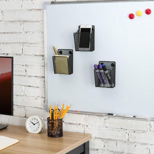 MyGift Set of 3 Magnetic Dry Erase Marker Holder, Silver Wire Storage Basket Office Supplies Organizer, White Board Pen Holders (Black)