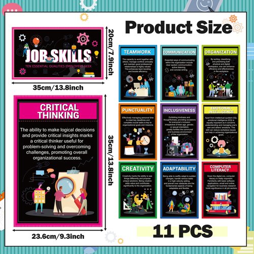 WATINC Job Skills Educational Poster - 11PCS High School College Classroom Poster Decor, Bulletin Board Workplace Essential Qualities Learning Decoration Supplies for Business Seek Career (Black)