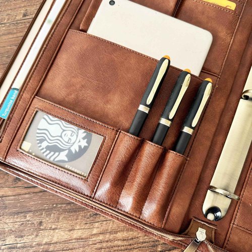 Gvalant 3 Ring Binder Vegan Leather Portfolio, Zippered Portfolio for Men, Letter Size Organizer Folder Padfolio A4 Document Bag for 13.3 inch Tablet Laptop (Brown, Standard)