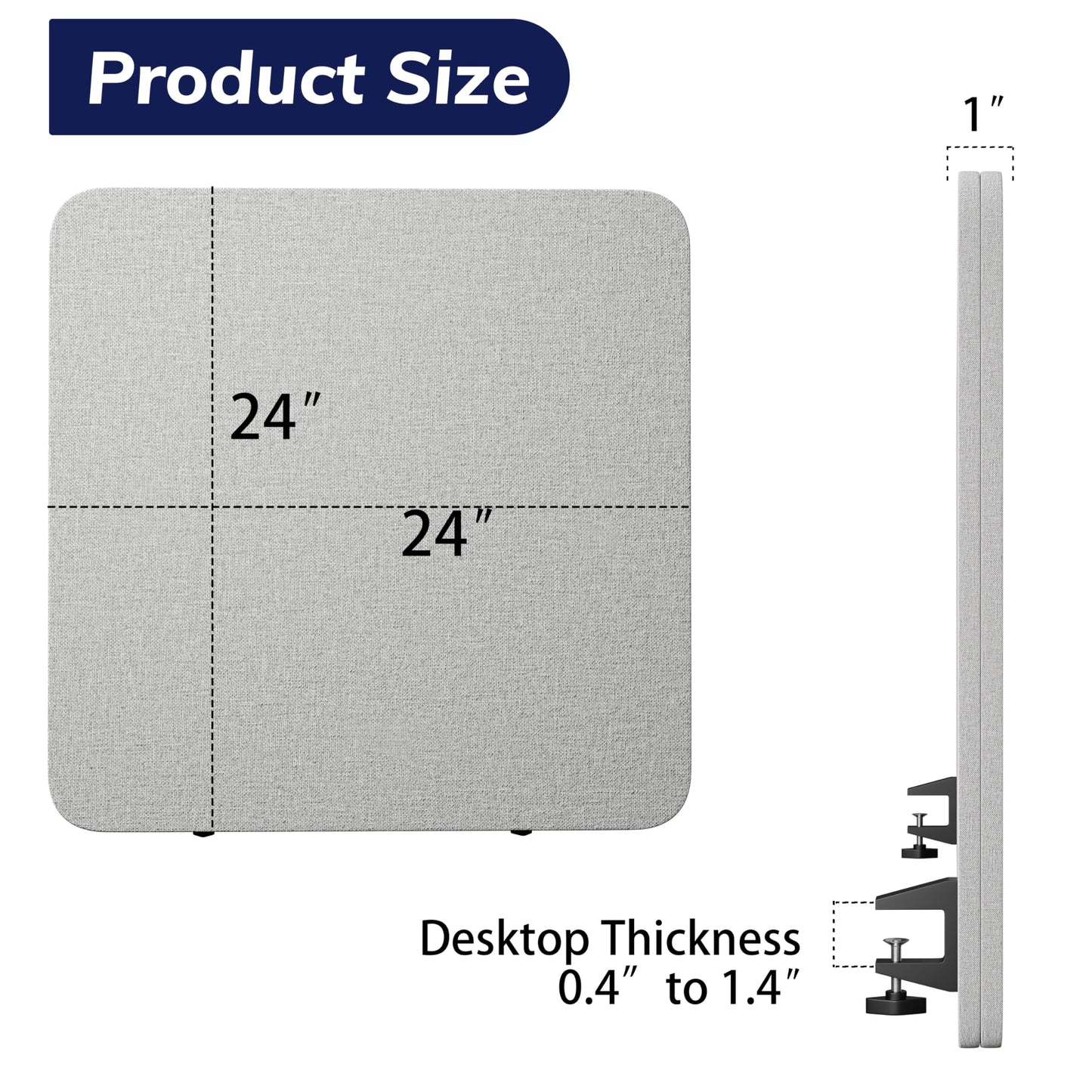 KERRAM Desk Privacy Panel 24 x 24 Inch, Sound Absorbing & Proof Desk Divider for Office, Clamp-on/Screw-on Acoustic Desk Back Panel Partition, Gray