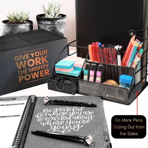 OFFICE ALMIGHTY Black Desk Organizer for Men: Exclusive Large 6 in 1 Mesh Shiny Metal Supplies Organizer with Pen Holders, Folder Holder & Accessories Drawer + BONUS 171 Clips Set w/a Plastic Box
