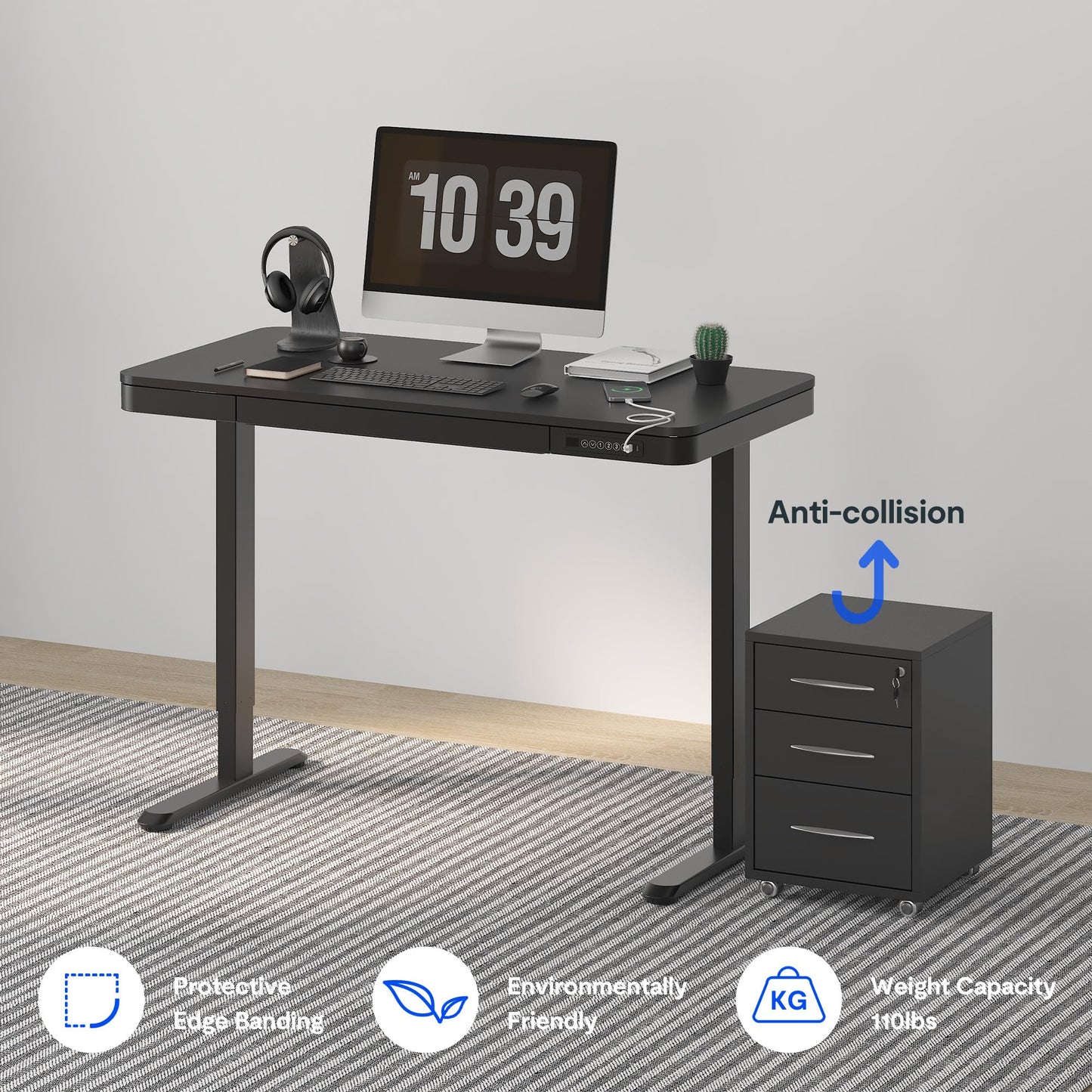 FLEXISPOT Comhar Electric Standing Desk with Drawer Desktop & Adjustable Frame Quick Install w/USB Charge Ports (Black, Wood)