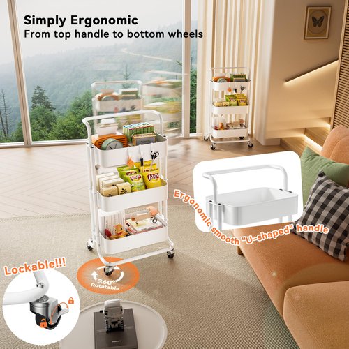 YIPPPPE 3 Tier Rolling Cart, Mobile Office Storage Cart with Handle and Lockable Wheels, Utility Organization with Metal Mesh Shelves for Kitchen Bedroom, White