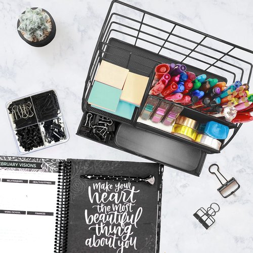 OFFICE ALMIGHTY Black Desk Organizer for Men: Exclusive Large 7 in 1 Mesh Coated Metal Supplies Organizer with Pen Holders, Folder Holder & Accessories Drawer & 171 Clips Set w/a Plastic Box