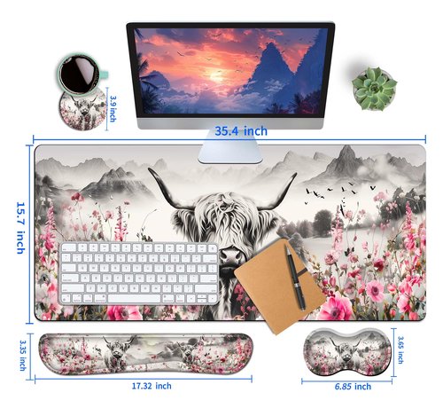 HaoSiTeck 4-Piece Extended Large Mouse Pad Set for Women Men with Highland Cow Design Includes 35.4 x 15.7 XXL Large Mouse Pad Keyboard Wrist Rest Mouse Wrist Support and Coaster for Office Home