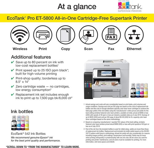 Epson EcoTank Pro ET-5800 - Wireless Color All-in-One Supertank Printer | Scanner, Copier, Fax - White