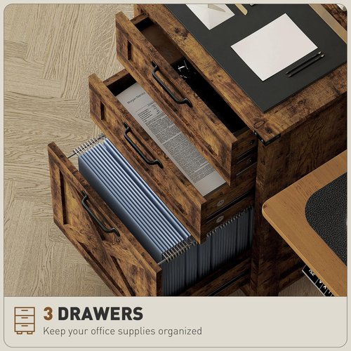 HOMCOM 3 Drawer File Cabinet with Silent Slides, Vertical Filing Cabinet for Hanging A4/Letter Size, Rustic Farmhouse Printer Stand with Storage for Home Office, Rustic Brown