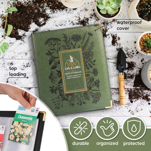 Create-ables Willow and Wildflower Garden Seed Organizer Binder, Seed Storage Organizer, Garden Binder Book for Packet Storage Catalog Can Store 120 Packets with Dibber and Widger (Moss Green)