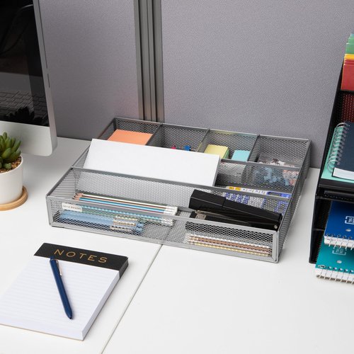 Mind Reader Drawer Organizer, Desk Org, Utensil Organizer, Office, Kitchen, Metal Mesh, Set of 2, Silver
