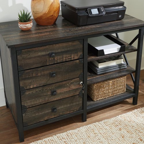 Sauder Steel River Commercial Office Credenza, L: 42.05" x W: 20.08" x H: 29.53", Carbon Oak Finish