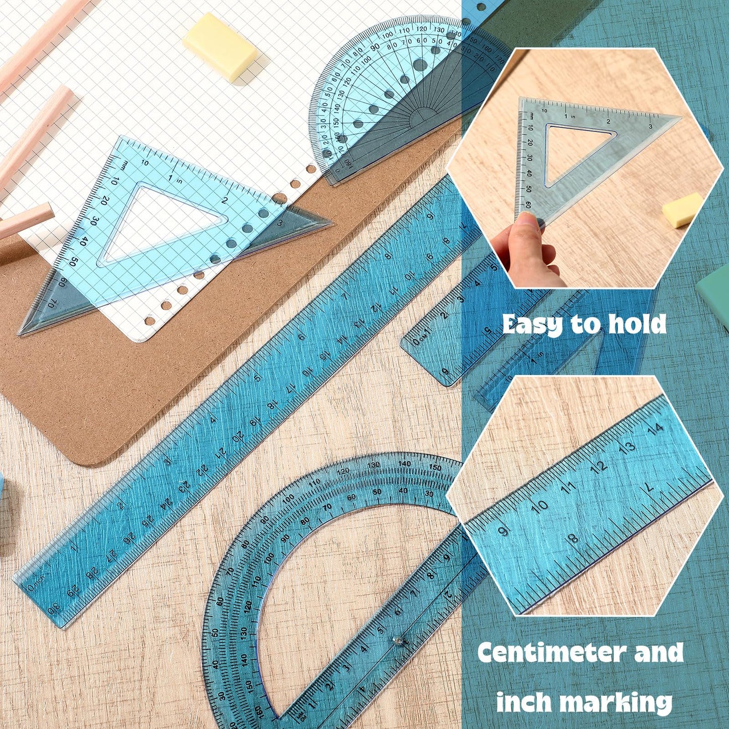 Tenare 1 Set Plastic Clear Math Set Includes Protractor Triangle Rulers 12 Inch 6 Inch Straight Geometry Math Transparent Ruler Measuring Tool for School Office Home Supplies(Blue)