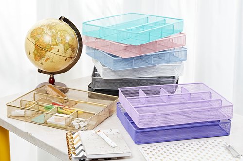 Annova Desk Top Organizer Tray for Office Organization - Metal Mesh - Storage Tray with Dividers for Pens, Desktop Accessories, Bathroom, Kitchen, Makeup and Office Supplies (Large, Gold)