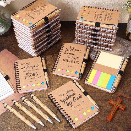 60 Pcs Christian Gifts Bulk Spiral Notebooks with Sticky Notes Inspirational Bible Verse Prayer Journals Religious Notepad Bamboo Ballpoint Pens for Women Teacher Church Party Office