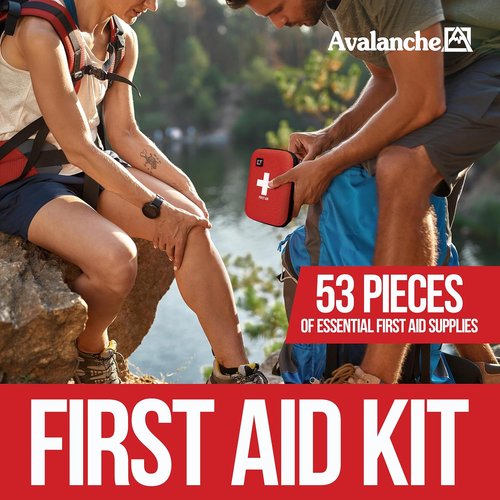 Avalanche First Aid Kit - 53 Pieces Compact Emergency Supplies for Home, Travel & Sports - Red Hard Shell Case