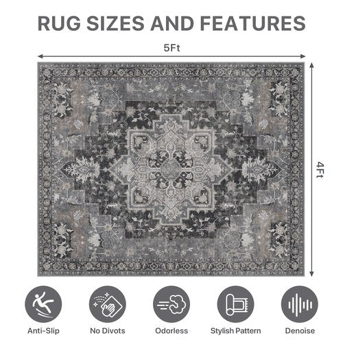 48"x60" Office Chair Mat for Hardwood Tile Floor, Under Desk Carpet Protector for Rolling Computer Chair Mat, Machine Washable Area Rug, Anti-Slip 1/5" Thick Low Pile Thin Vinyl Floor Mat, Black