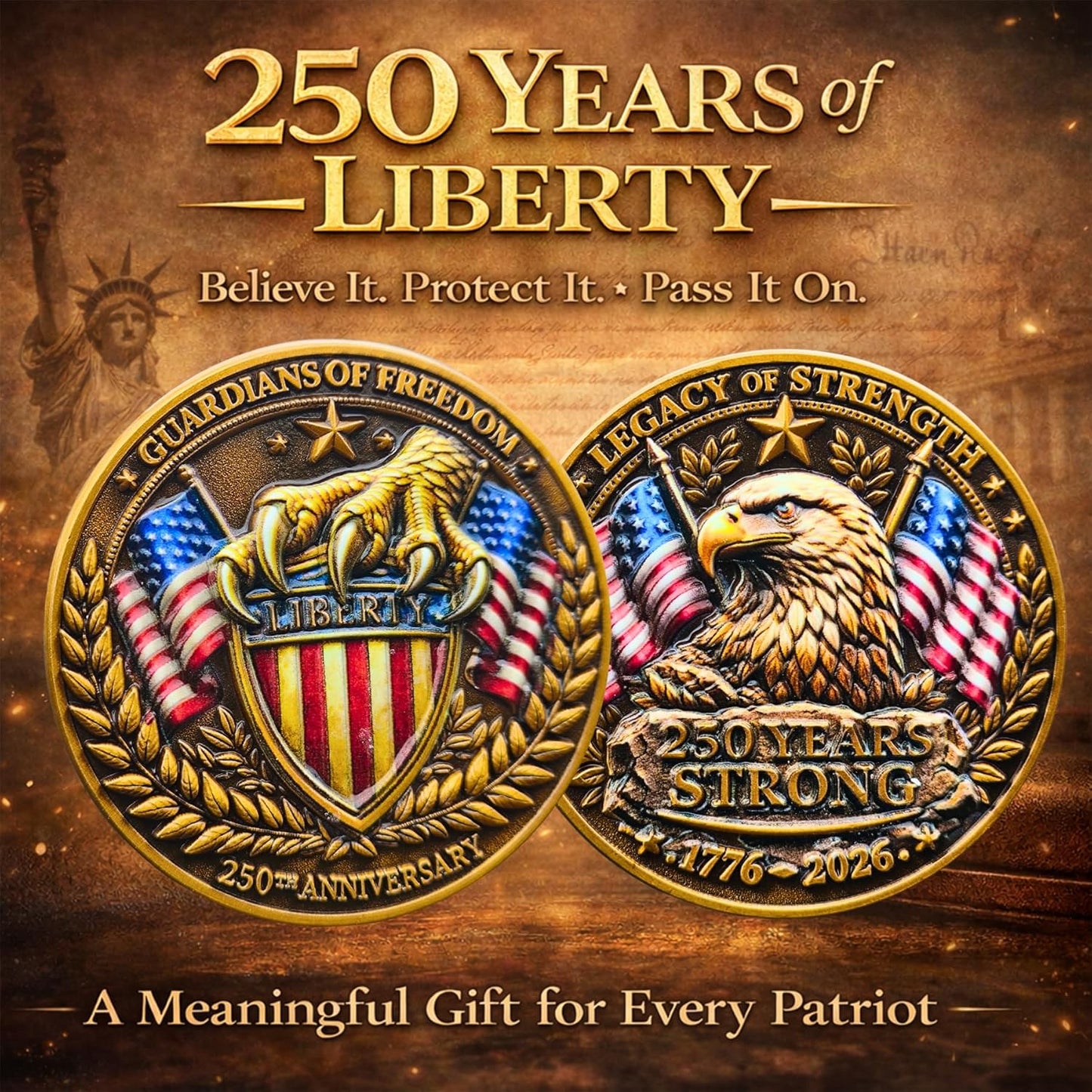 250th Anniversary USA Commemorative Coin Set - Patriotic Eagle & Liberty Bell Coins in Wooden Gift Box | 1776–2026 Collector’s Edition