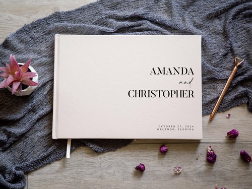 Personalized Guest Book - 11.5" x 8.5" Premium Custom Guest Signing Book with Bookmark and Blank Pages for Wedding Reception Table Decoration Engagement Birthday Party Event, Eggshell