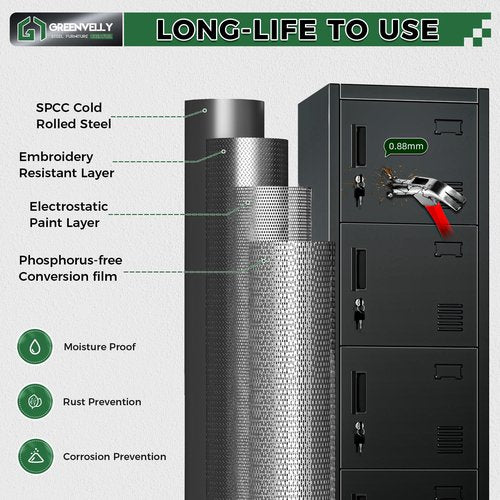 Greenvelly Metal Locker, 72" Metal Lockers for Employees with Locking Doors, Lockable Steel Locker Storage for Office, School, Gym, Home (Black)