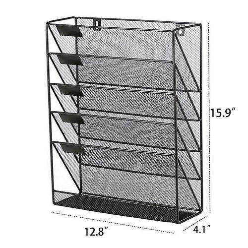 JINGWAYS Hanging Wall File Organizer Magazine Holder Mail Sorter Magazine Rack Office Supplies Metal Mesh Desk Organizer with Bottom Flat Tray, 6 Tier (BLACK)