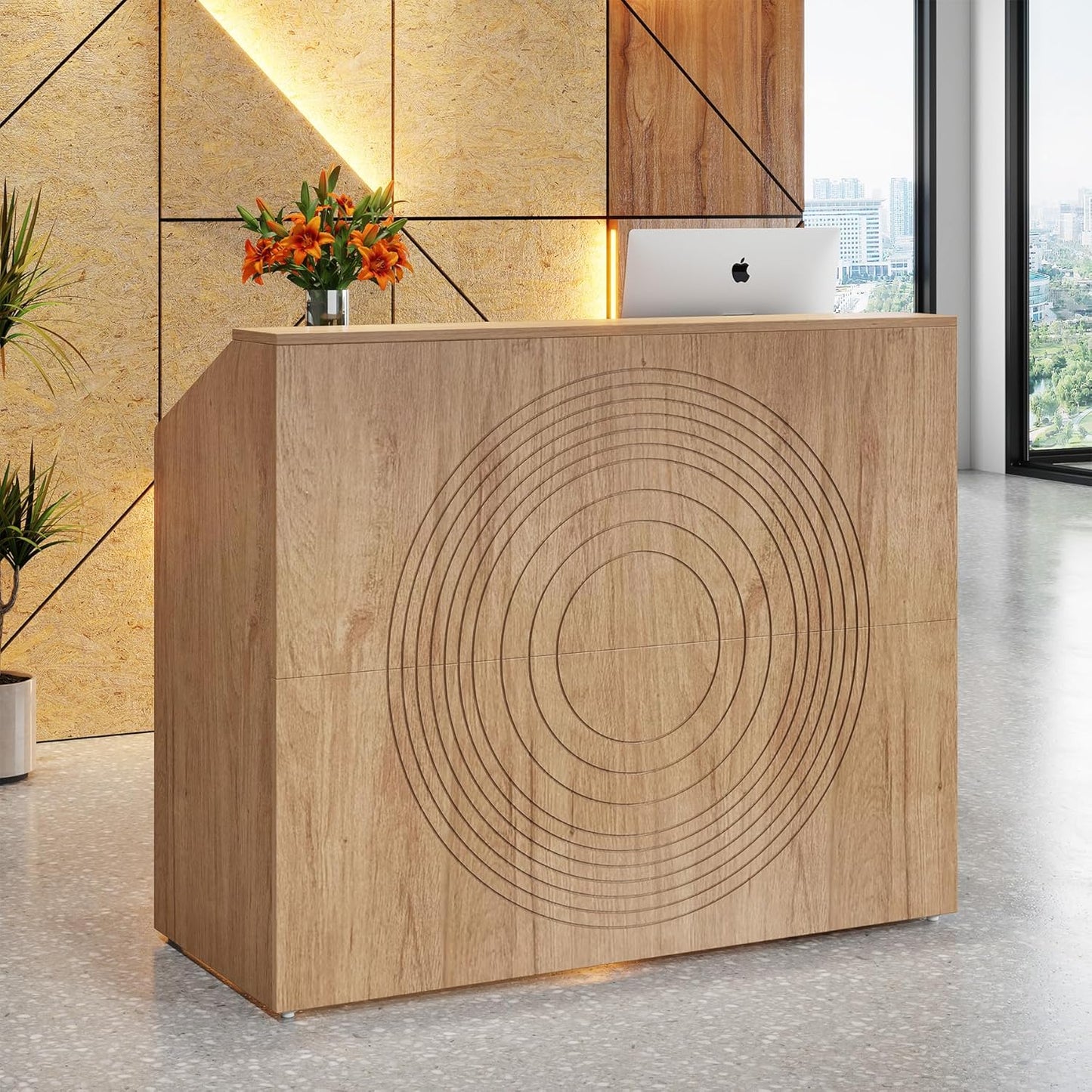 LITTLE TREE 47-Inch Reception Desk with Counter, Oak Front Desk Reception Room Table, Retail Counter for Checkout, Modern Welcome Desk for Lobby, Office, Beauty Salon