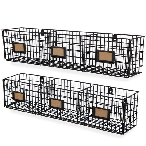 Wall35 Amalfi Hanging File Folders Office Desk Organizer Wall Mount Wire Basket Storage Magazine Holder 3 Sectional Set of 2 Black