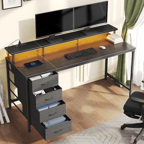 DUMOS Computer Desk - 4 Drawer Gaming Desk with Power Outlets & LED Lights | 45 Inch Black for Home Office & Small Spaces