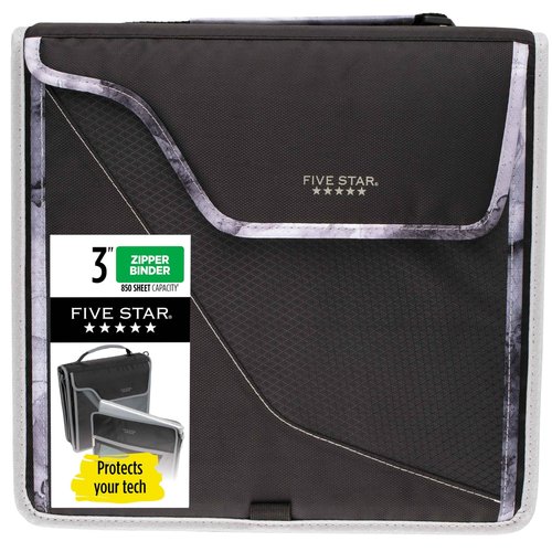 Five Star Zipper Binder, 3 Inch 3-Ring Binder with D Rings, Removable Padded Case, 5-Tab Expanding File and Multi-Use Strap, 850 Sheet Capacity, Black/Gray (29296IT8)