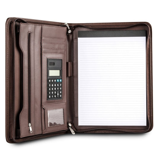 Cossini Premium Business Portfolio with Zipper – Padfolio - Superior Business Impressions Begin with PU Vegan Leather, 10.1 Inch Tablet Sleeve, Smart Storage, Solar Calculator, Writing Pad -Brown