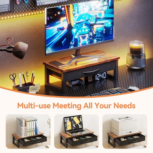 HEWORLIF Computer Monitor Stand Riser with Drawer, 2-Tier Desk Accessories & Workspace Organizers, Laptop Stand for Desk with Storage, Office Organization, Wood