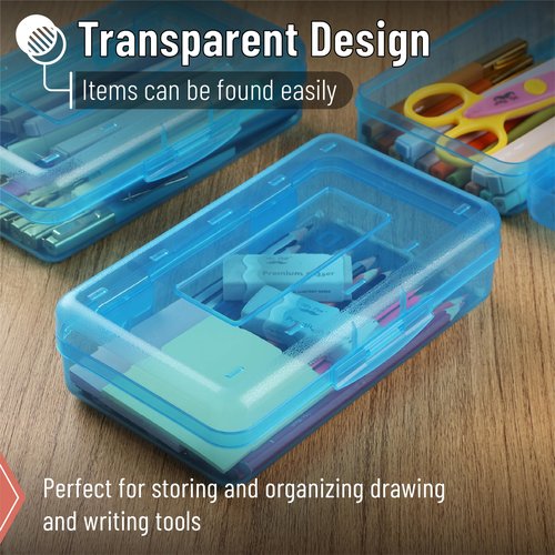Mr. Pen- Clear Pencil Boxes, 6 Pack, 7.9"x4.5"x2.4", Transparent Blue, Snap-Tight Lid, Plastic Pencil Box Organizer