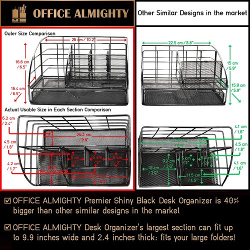 OFFICE ALMIGHTY Black Desk Organizer for Men: Exclusive Large 7 in 1 Mesh Shiny Metal Supplies Organizer with Pen Holders, Folder Holder & Accessories Drawer + BONUS 171 Clips Set w/a Plastic Box