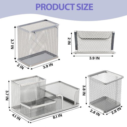 GATUSOO 4 Pcs Set Mesh Pen Holder for Desk Pencil Holders, Desk Organizer Office Supplies Caddy - Sticky Notes, Cards, Phones, Stationery Holder for Office School Home (Silvery)
