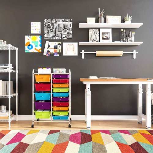 Seville Classics Rolling Utility Organizer Storage Cart , for Home Office, School, Classroom, Scrapbook, Hobby, Craft, 15 Drawer, Multicolor (Pearlized)