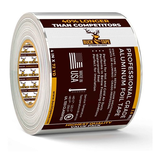 Buck Aluminum Foil Tape – 4 Inch x 216ft (72 yd), 3.6 Mil – HVAC Tape for Ductwork, AC, Dryer Vents & Insulation – Silver Foil Tape for Metal Repair, Exhaust Sealing & Air Conditioning (1 Pack)