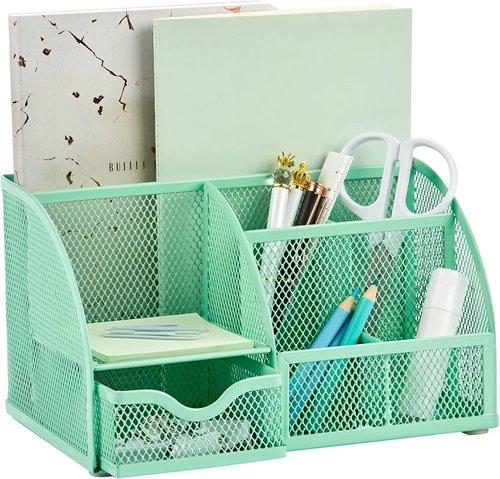 Annova Mesh Desk Organizer - 7 Compartments & Drawer | Multifunctional Office Tidy in Green
