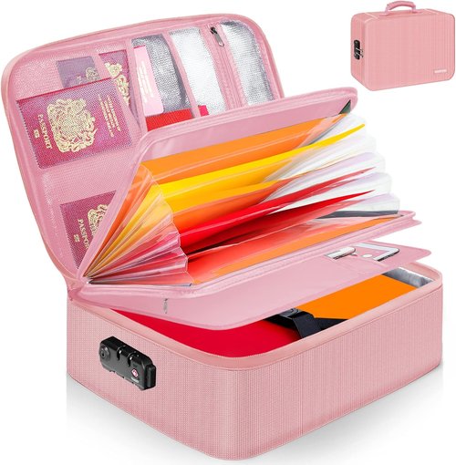 Noiposi Document Organizer - Waterproof & Fireproof Storage Box with 7 Pockets | Portable Pink Case