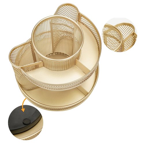Annova Mesh Desk Organizer Rotate with 5 Compartments Round Spinning Tidy Candy/Pen Holder Desk Accessories Office, Art Supply, Storage, Classroom, Home (Gold)
