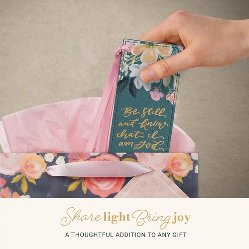 Christian Art Gifts Premium Vegan Leather Bookmark - Inspirational "Be Still & Know" Verse, Teal Floral Design
