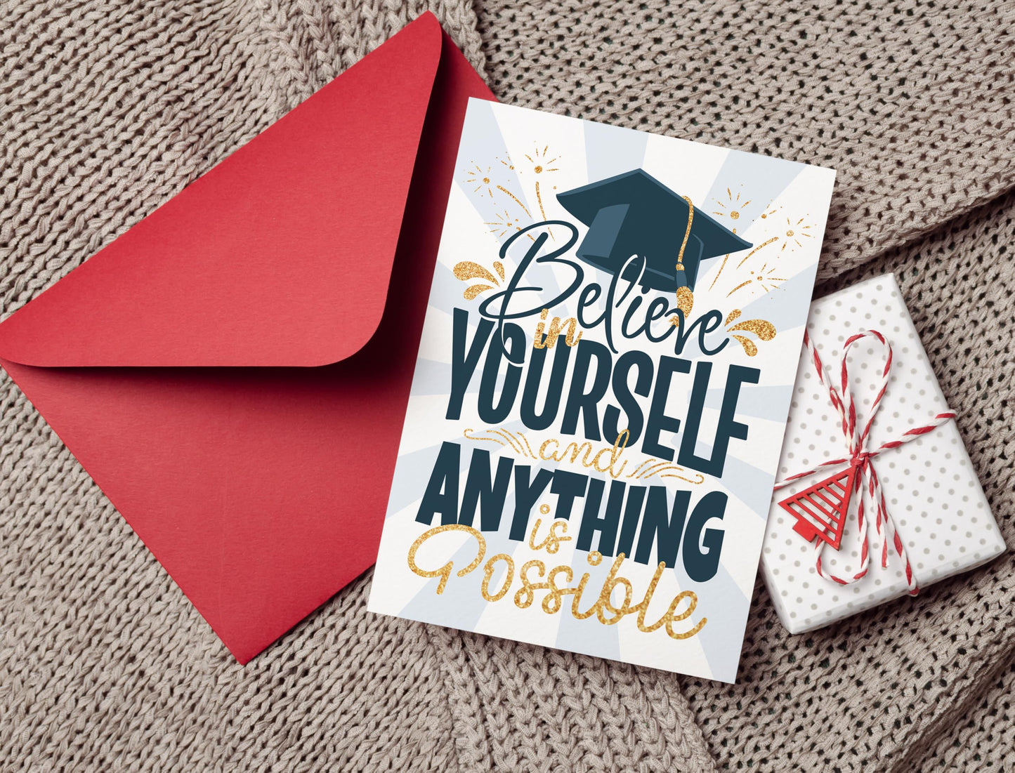 Graduation Card – Inspirational Believe in Yourself Design Gold Glitter – 5x7 Folded Greeting Card with Red Envelope – Motivational Congrats Gift for High School, College, Nursing, Kindergarten, Middle School Grad