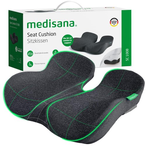 Medisana Seat Cushion, SC 100B Seat Cushions for Office Chairs, Car Seat, Wheelchair - Sciatica & Tailbone & Coccyx Pain Relief Pillow for Driver Sedentary People（Size:17 * 14.6 * 3.54 in-Black