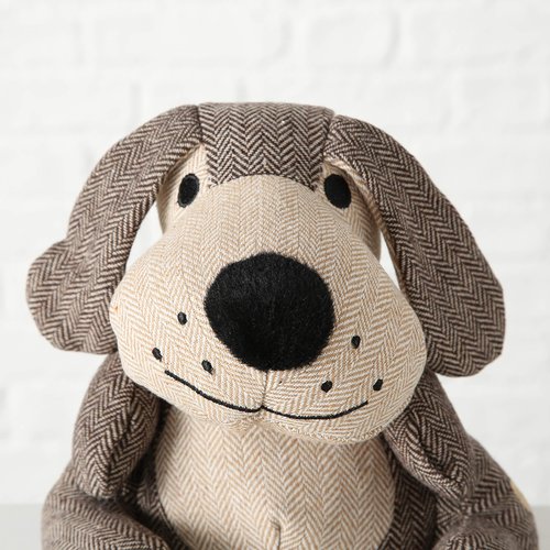 Weighted Puppy Dog Door Stopper, Floppy Ears, Brown and Tan, Tweed Fabric, Woven Polyester Exterior, Polyester and Sand Filling, 9 Inches Tall, 2.2 lbs, EN71 Te