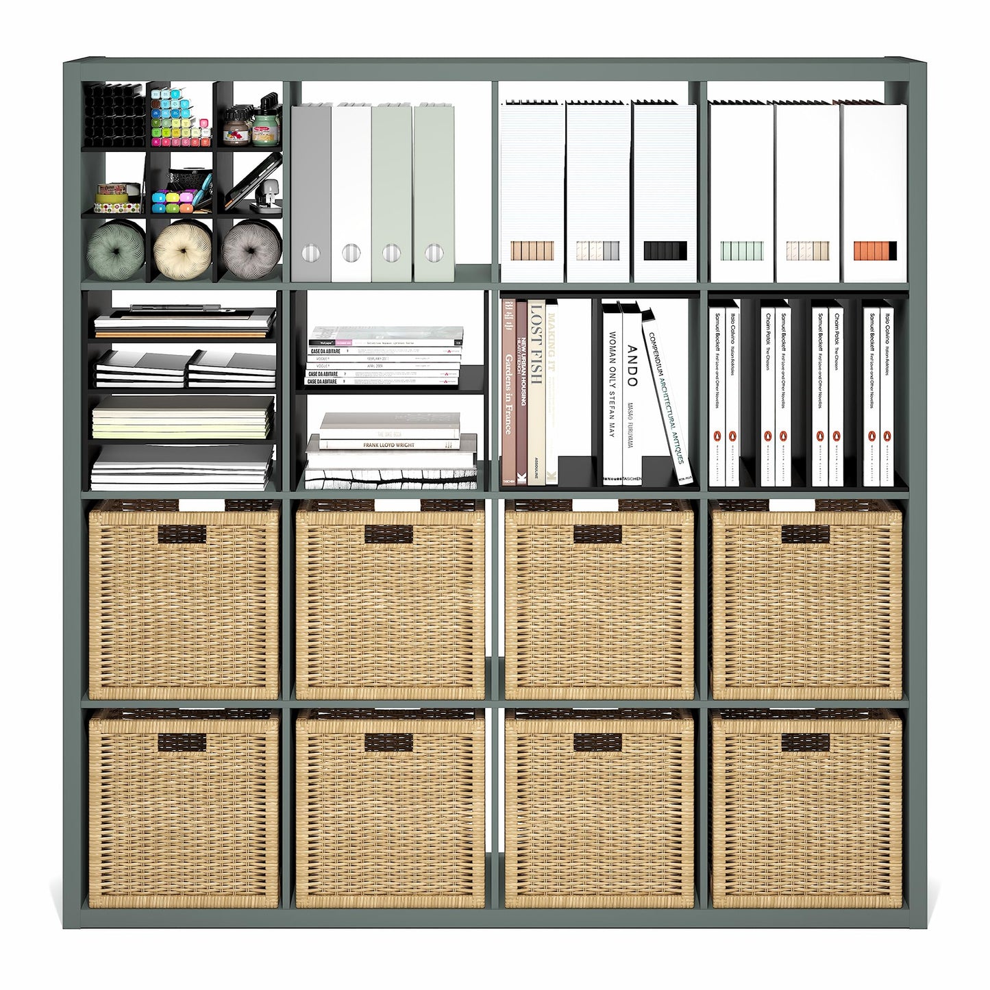Furinno Cubicle Book Shelf, 16-Cube Bookshelf, Extra Thick Frame Reversible Bookcase with Open Back, 14.6" x 58" x 58", for Living Room, Bedroom, Home Office, Sage Green
