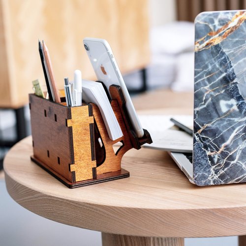 Wooden Pen Pencil Holder with Cell Phone Stand for desktop, office desk organizer, Desk Decoration, Phone Dock Office Supplies, Pen Container, Home Decorative (Simple)