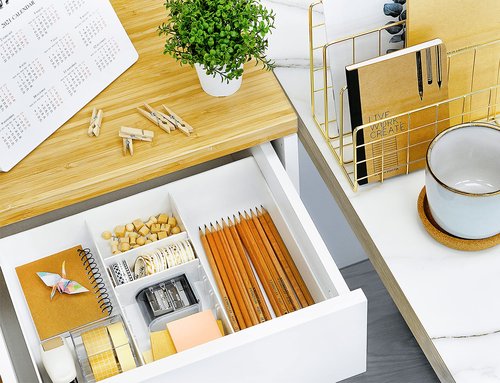 CAXXA 2PK - 3 Slot Drawer Organizer with Two Adjustable Dividers - 5 Compartments Drawer Storage Junk Drawer Organizer for Office Desk Supplies and Accessories, White