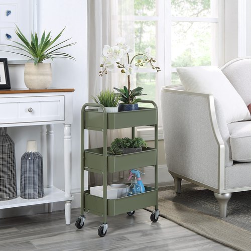 SunnyPoint 3-Tier Delicate Compact Rolling Metal Storage Organizer - Mobile Utility Cart Kitchen/Under Desk Cart with Caster Wheels - Army (15.35" X 10.24" X 26.8"H)