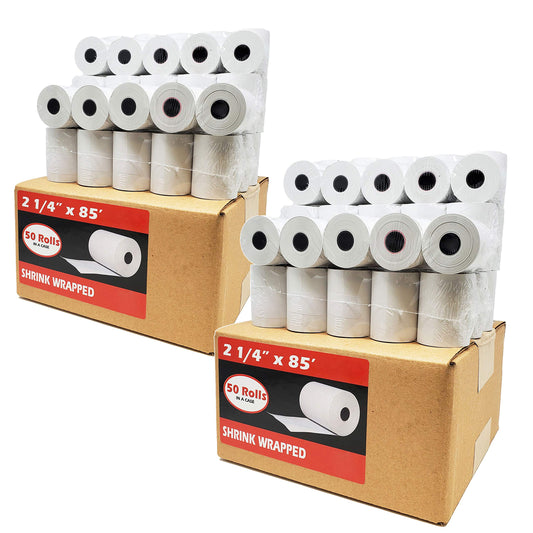 (100 Rolls) 2 1/4 x 85 Thermal Paper Receipt Rolls 2.25 x 85 ft, 55 GSM Premium Quality German Paper Fits All Credit Card Terminals Verifone VX510 VX570 FD50 BPA Free from BuyRegisterRolls