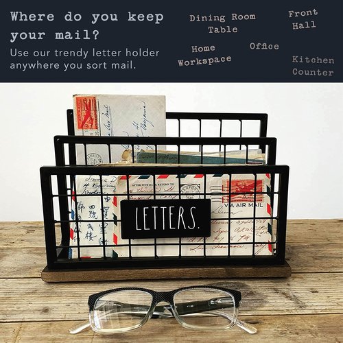 Rae Dunn Desktop Letter Holder – 2 Compartment Mail and Stationary Table Top Organizer – Chic and Stylish Galvanized Steel and Solid Wood - “Letters” Print - for Home and Office